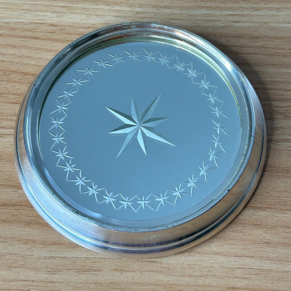 White Barn Co. Silver Star Burst Mirror Candle Wine Bottle Coaster Etched